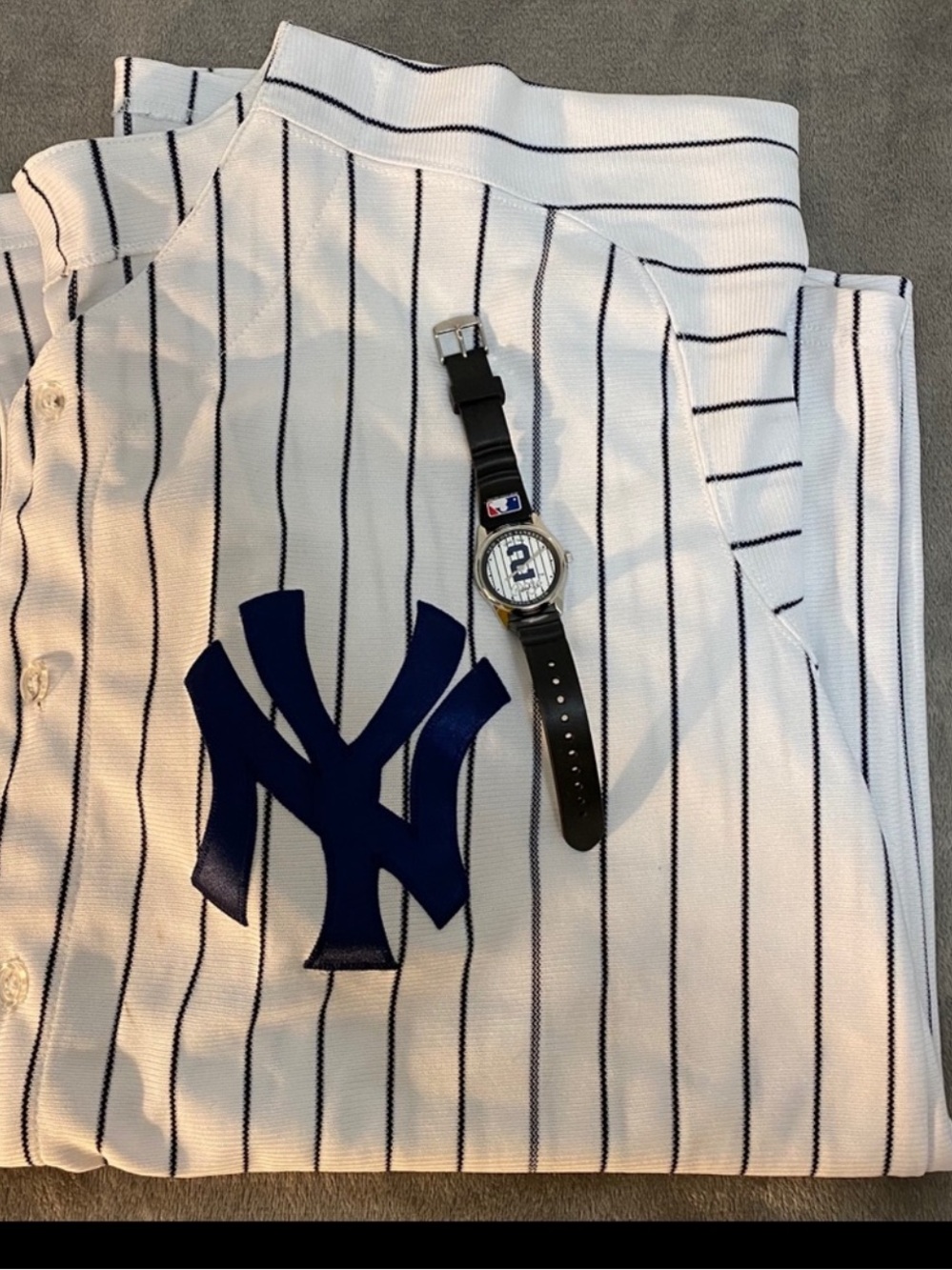New York Yankees Jeter Pinstripe Button-Up Jersey - White & Navy 52